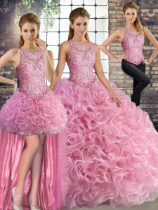 Scoop Sleeveless Lace Up Quinceanera Dress Rose Pink Fabric With Rolling Flowers