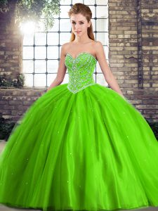 Sweetheart Sleeveless Tulle Quinceanera Gown Beading Brush Train Lace Up