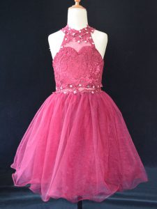 Low Price Sleeveless Lace Up Mini Length Beading and Lace Little Girls Pageant Gowns