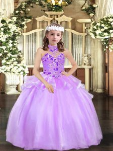 Lavender Halter Top Lace Up Appliques Child Pageant Dress Sleeveless