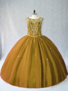 Brown Scoop Lace Up Beading Quince Ball Gowns Sleeveless
