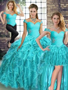 Off The Shoulder Sleeveless Organza Sweet 16 Dresses Beading and Ruffles Brush Train Lace Up