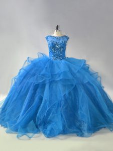 Captivating Organza Scoop Sleeveless Brush Train Lace Up Beading and Ruffles Sweet 16 Quinceanera Dress in Blue