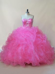 Rose Pink Ball Gowns Tulle Sweetheart Sleeveless Beading and Ruffles Floor Length Lace Up Quinceanera Gowns
