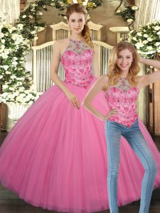 Rose Pink Halter Top Neckline Embroidery Quinceanera Dresses Sleeveless Lace Up