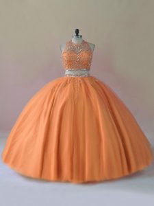 Free and Easy Floor Length Backless Ball Gown Prom Dress Orange for Sweet 16 and Quinceanera with Beading