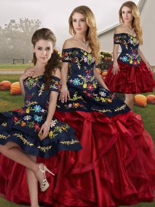 Embroidery and Ruffles Quinceanera Gowns Red And Black Lace Up Sleeveless Floor Length