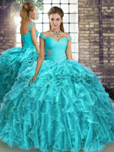 Exceptional Aqua Blue Lace Up Off The Shoulder Beading and Ruffles Ball Gown Prom Dress Organza Sleeveless Brush Train