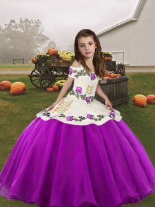 Purple Straps Lace Up Embroidery Little Girl Pageant Dress Sleeveless