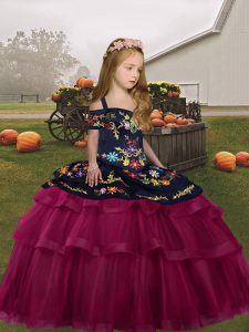 Embroidery and Ruffled Layers Little Girl Pageant Dress Fuchsia Lace Up Sleeveless Floor Length
