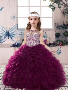 Custom Design Dark Purple Sleeveless Organza Lace Up Little Girl Pageant Gowns for Party and Sweet 16 and Wedding Party