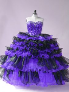Hot Selling Black And Purple Lace Up Sweetheart Beading and Ruffled Layers Sweet 16 Dress Organza Sleeveless