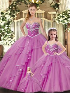Sleeveless Floor Length Beading Lace Up Quinceanera Dresses with Lilac