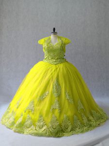 Yellow Green Quince Ball Gowns Tulle Court Train Sleeveless Appliques