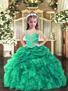 Green Lace Up Child Pageant Dress Beading and Ruffles Sleeveless Floor Length