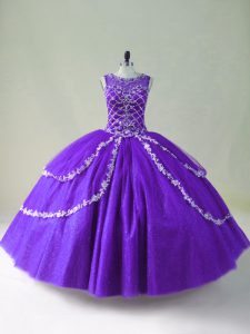 Purple Ball Gowns Tulle Scoop Sleeveless Beading and Appliques Floor Length Zipper 15th Birthday Dress