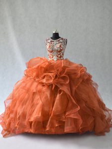 Fashionable Rust Red Ball Gowns Scoop Sleeveless Organza Lace Up Beading and Ruffles 15th Birthday Dress