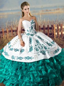 Excellent Turquoise Sleeveless Floor Length Embroidery and Ruffles Lace Up Sweet 16 Dress