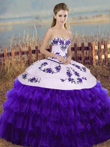Luxurious White And Purple Sleeveless Embroidery and Ruffled Layers and Bowknot Floor Length Quinceanera Dresses