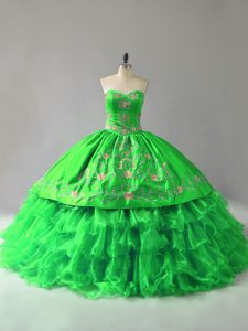 Most Popular Floor Length Quince Ball Gowns Organza Sleeveless Embroidery and Ruffles