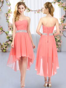 Empire Quinceanera Court Dresses Watermelon Red Sweetheart Chiffon Sleeveless High Low Lace Up
