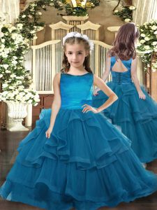 Cute Floor Length Ball Gowns Sleeveless Teal Kids Pageant Dress Lace Up