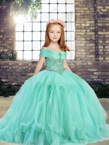 Apple Green Sleeveless Tulle Lace Up Little Girl Pageant Gowns for Party and Sweet 16 and Wedding Party