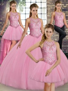 Floor Length Lace Up Quinceanera Gowns Pink for Military Ball and Sweet 16 and Quinceanera with Embroidery