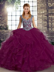 Sleeveless Floor Length Beading and Ruffles Lace Up Sweet 16 Quinceanera Dress with Fuchsia