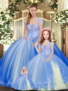 Ideal Blue Lace Up Strapless Beading and Ruffles 15th Birthday Dress Tulle Sleeveless