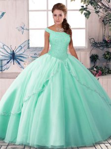 Gorgeous Apple Green Lace Up Off The Shoulder Beading Quinceanera Dresses Tulle Sleeveless Brush Train