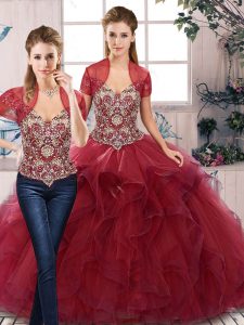 Burgundy Two Pieces Beading and Ruffles Quinceanera Dress Lace Up Tulle Sleeveless Floor Length