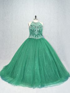 Custom Made Ball Gowns Sleeveless Green Vestidos de Quinceanera Brush Train Lace Up