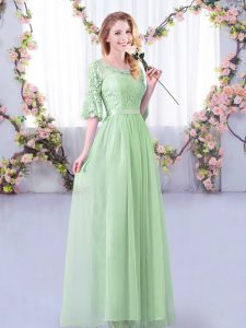 Modern Tulle Scoop Half Sleeves Side Zipper Lace and Belt Court Dresses for Sweet 16 in Apple Green