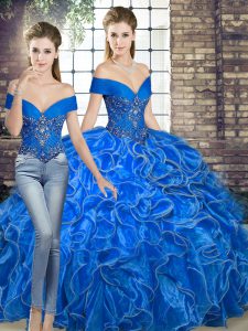 Royal Blue Two Pieces Organza Off The Shoulder Sleeveless Beading and Ruffles Floor Length Lace Up Quinceanera Gown