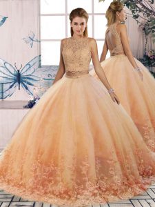 Peach Quinceanera Gowns Tulle Sweep Train Sleeveless Lace