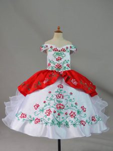 White And Red Satin and Organza Lace Up Off The Shoulder Sleeveless Floor Length Kids Pageant Dress Embroidery and Ruffles