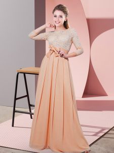 Fitting Peach Vestidos de Damas Wedding Party with Lace and Belt Scoop 3 4 Length Sleeve Side Zipper