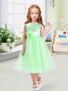Delicate Organza Zipper Pageant Dress Wholesale Sleeveless Tea Length Sequins and Hand Made Flower