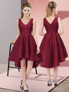 Attractive Burgundy A-line V-neck Sleeveless Lace High Low Zipper Lace Dama Dress for Quinceanera
