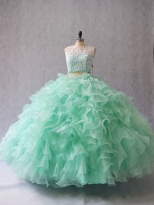 Apple Green Zipper Scoop Beading and Lace and Ruffles Quinceanera Gowns Organza Sleeveless
