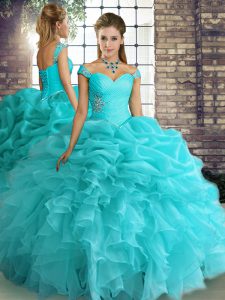 Ball Gowns Sweet 16 Quinceanera Dress Aqua Blue Off The Shoulder Organza Sleeveless Floor Length Lace Up