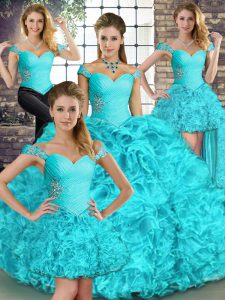 Fantastic Aqua Blue Lace Up Off The Shoulder Beading and Ruffles 15 Quinceanera Dress Organza Sleeveless