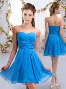Trendy Baby Blue Chiffon Lace Up Sweetheart Sleeveless Mini Length Dama Dress for Quinceanera Ruching