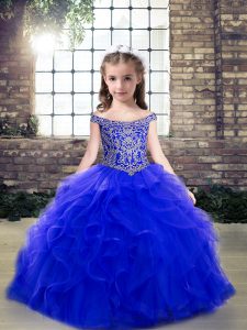 Eye-catching Royal Blue Ball Gowns Off The Shoulder Sleeveless Tulle Floor Length Lace Up Beading and Ruffles High School Pageant Dress