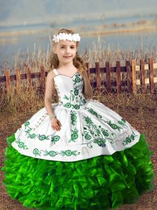 Trendy Green Ball Gowns Straps Sleeveless Organza Floor Length Lace Up Embroidery and Ruffles Pageant Gowns