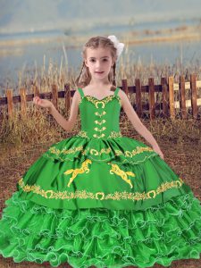 Ideal Green Pageant Dress Toddler Wedding Party with Beading and Embroidery and Ruffled Layers Straps Sleeveless Lace Up