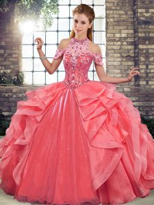 On Sale Watermelon Red Lace Up Quinceanera Gowns Beading and Ruffles Sleeveless Floor Length