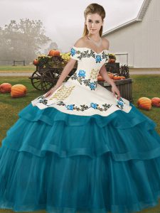 Traditional Off The Shoulder Sleeveless Tulle Quinceanera Dresses Embroidery and Ruffled Layers Brush Train Lace Up