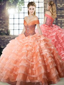 Peach Ball Gown Prom Dress Off The Shoulder Sleeveless Brush Train Lace Up